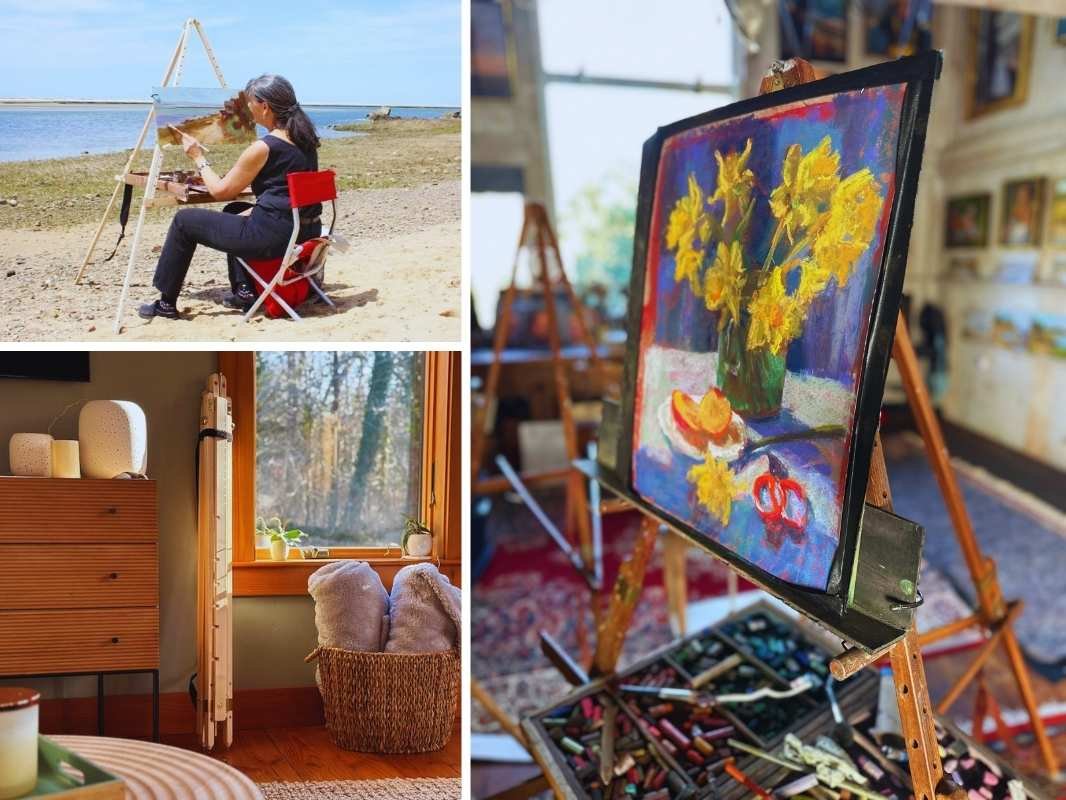 Collage of a Rosalie Nadeau painting on the beach, an art studio with one of Nadeau's pastel paintings of flowers, and a cozy room with wooden furniture...each with a Nadeau Easel featured.